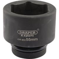 Black Draper Expert HI-TORQ 6 Point Impact Socket, 1" square drive, 55mm size, with brand logo and specifications.