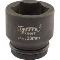 Black Draper Expert HI-TORQ 6 Point Impact Socket, 3/4" Sq. Dr., with "CR-MO 38mm" text, rugged finish.