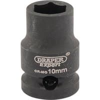 Draper Expert black 10mm impact socket, 6-point design, 3/8" square drive, with white branding and size marking.