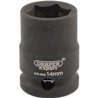 Black Draper Expert HI-TORQ 6 Point Impact Socket, 3/8" Sq. Dr., 14mm with engraved branding and size details.