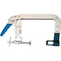 Silver Draper Expert valve spring compressor with blue handle and adjustable clamp, 60-155mm capacity.
