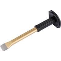 Gold-tone flat cold chisel with black hand grip, 300 x 32mm, by Draper Expert.
