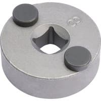 Round silver brake piston wind-back tool with two black pins and a central square socket.