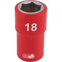 Red Draper Expert VDE socket, 1/2" square drive, 18mm size, with white "18" marking and safety certification logos.