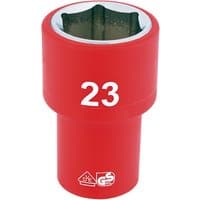 Red Draper Expert VDE socket, 1/2" square drive, 23mm size, with white numbering and safety certification symbols.