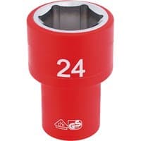 Red Draper Expert VDE socket, 1/2" square drive, 24mm size, with white "24" marking and safety certification logos.