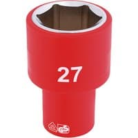Red Draper Expert VDE socket, 1/2" drive, 27mm size, with white number marking and insulated design.