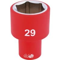 Red Draper Expert VDE socket, 1/2" square drive, 29mm size, with white "29" marking and insulated design.
