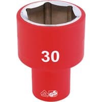 Red Draper Expert VDE socket, 1/2" square drive, 30mm size, with white "30" marking and insulated design.