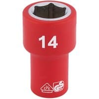 Red Draper Expert VDE socket, 1/4" square drive, 14mm size, with white numbering and safety symbols on the side.