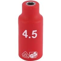 Red Draper Expert VDE socket, 4.5mm, with white markings and safety symbols, cylindrical insulated design.