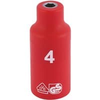 Red Draper Expert VDE socket, 1/4" square drive, 4mm size, with white "4" and safety certification logos.