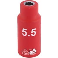 Red Draper Expert VDE socket, 1/4" square drive, 5.5mm size, with white markings and safety certification logos.