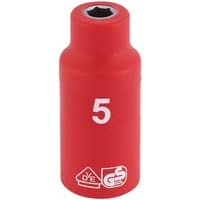 Red Draper Expert VDE socket, 1/4" square drive, 5mm size, with white "5" and safety certification logos.