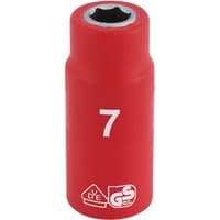 Red Draper Expert VDE socket, 7mm size, with white markings and insulated design, cylindrical shape.