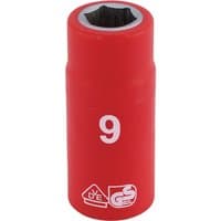 Red Draper Expert VDE socket, 9mm, with white "9" marking and safety symbols, cylindrical shape, insulated design.