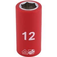 Red Draper Expert VDE socket, 3/8" square drive, 12mm size, with white "12" marking and insulated design.