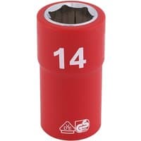 Red Draper Expert VDE socket, 3/8" square drive, 14mm size, with white "14" marking and safety certification logos.