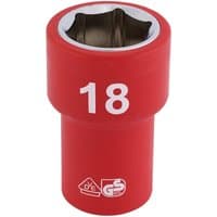 Red Draper Expert VDE socket, 3/8" square drive, 18mm size, with white "18" marking and safety certification logos.