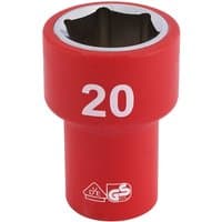 Red Draper Expert VDE socket, 3/8" square drive, 20mm size, with white "20" marking and safety certification logos.