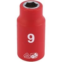 Red Draper Expert VDE socket, 3/8" square drive, 9mm size, with white "9" marking and safety certification logos.