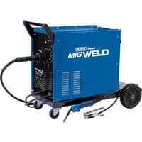 Blue Draper Expert MIG Welder, 220A, with black handle, wheels, and attached cables.