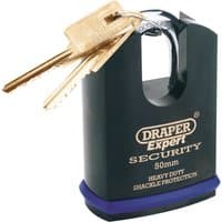Black Draper Expert padlock with shrouded shackle, 50mm, includes two brass keys.