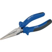 Blue and silver long nose pliers with soft grip handles and precision tips, 160mm, by Draper Expert.