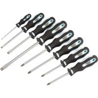 Draper Expert screwdriver set with black soft grip handles and silver shafts, includes 8 assorted flathead and Phillips screwdrivers.