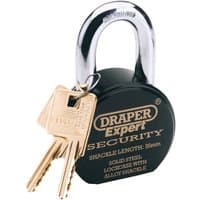 Black Draper Expert stainless steel padlock with silver shackle and two brass keys attached.