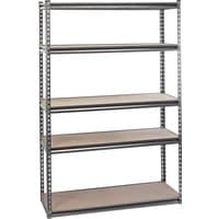 Heavy duty steel shelving unit with five adjustable shelves, silver frame, and wood finish, size L1220 x W450 x H1830mm.