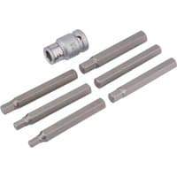 Hexagon bit set with six silver bits and one square drive holder, sizes 6-12mm, by Draper Expert.