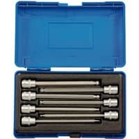 Blue plastic case with Draper Expert 7-piece hexagonal socket bit set, featuring silver bits in foam slots.