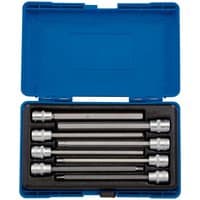 Blue case with Draper Expert 3/8" hexagonal socket bit set, 8 silver pieces in foam insert.