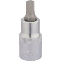 Silver Draper Expert hexagonal socket bit, 1/2" square drive, 7mm, with a smooth metallic finish and engraved size marking.