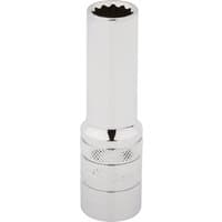 Silver Draper Expert deep socket with 12-point design, 1/2" square drive, 12mm size, smooth and knurled grip.