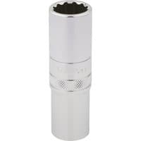 Silver Draper Expert deep socket, 12-point, 1/2" square drive, 17mm, with knurled grip and polished finish.