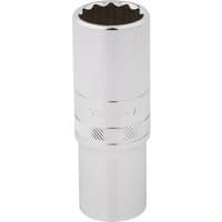 Silver Draper Expert deep socket with 12-point design, 1/2" square drive, 20mm size, knurled band for grip.