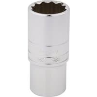 Silver Draper Expert deep socket, 12 point, 1/2" square drive, 26mm size, shiny finish with knurled grip.