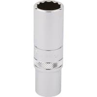 Silver Draper Expert deep socket, 12-point design, 3/8" square drive, 14mm size, with knurled grip section.