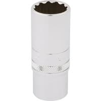 Silver Draper Expert deep socket, 12-point, 3/8" square drive, 19mm, with knurled grip and polished finish.