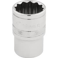 Silver Draper Expert 12-point socket, 1/2" square drive, 19mm, with knurled grip and engraved size markings.