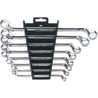 Silver Draper Expert HI-TORQ deep offset metric ring spanner set, 8 pieces, mounted on a black plastic holder.