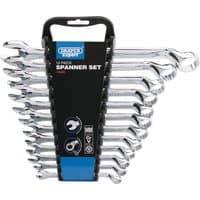 Draper Expert silver spanner set, 12-piece, 8-22mm sizes, in black holder with blue label.