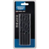 Pack of 10 Draper Expert 10.0mm HSS drill bits, black, spiral fluted, in clear plastic packaging with blue branding.
