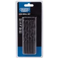 Pack of 10 Draper Expert 9.0mm HSS drill bits in black, displayed in a clear plastic case with blue and black packaging.