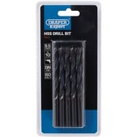 Pack of 10 Draper Expert HSS drill bits, 9.5mm, black, neatly arranged in a clear plastic case with blue branding.
