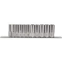 Draper Expert 11-piece silver deep socket set on metal rail, 3/8" square drive, arranged in ascending size order.