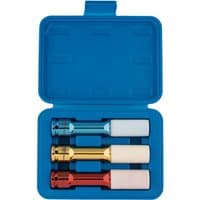 Blue case with three long reach wheel nut sockets in metallic blue, gold, and red, each with white protective sleeves.