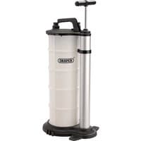 White and black Draper Expert manual fluid extractor, 9L, with a cylindrical body and T-shaped handle.